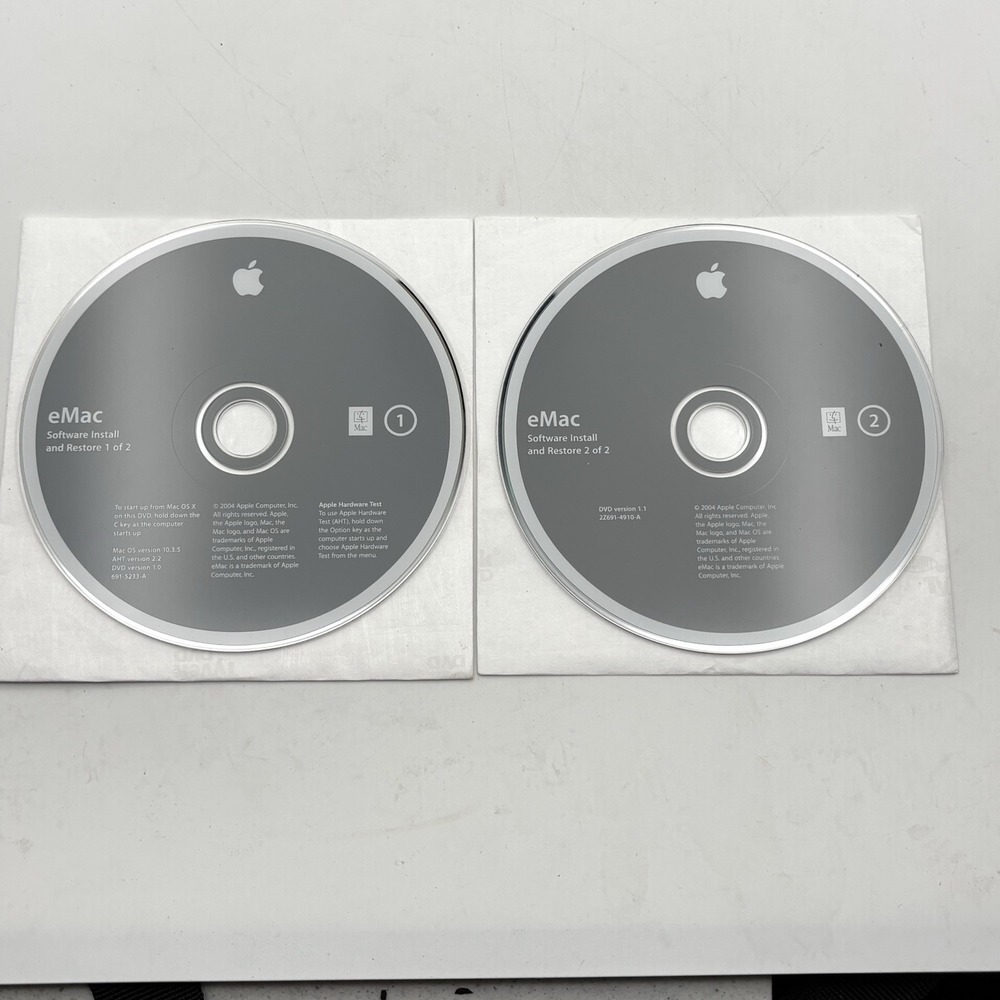 eMac Software 2004 Install and Restore Mac OS 10.3.5 2Z691-4910-A 2-Disc Set